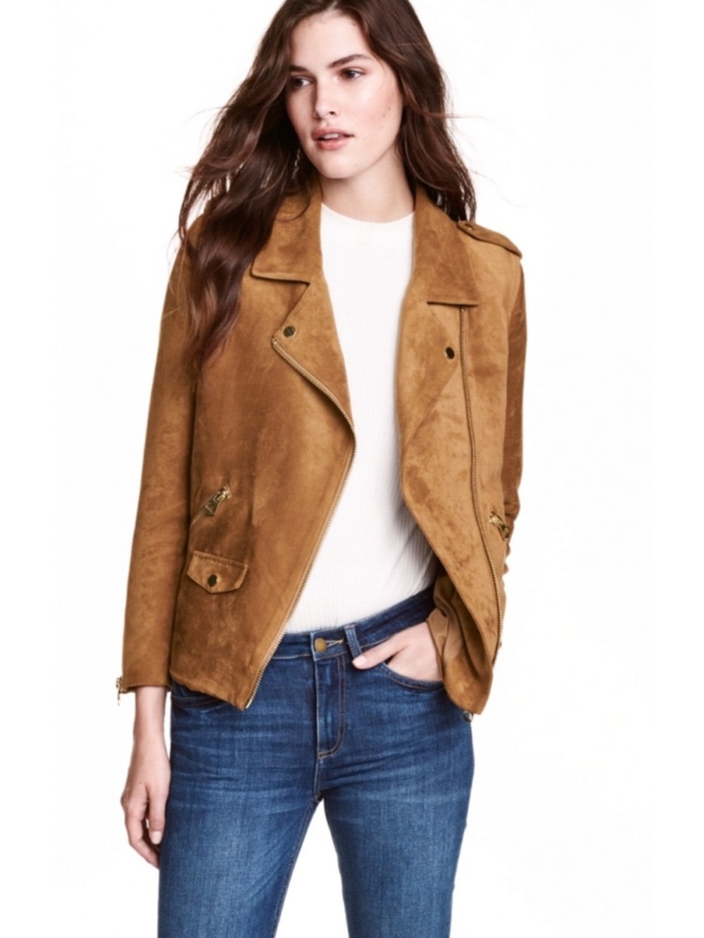 H&M | Dark Camel Faux Suede Moto Jacket Gold Hardware